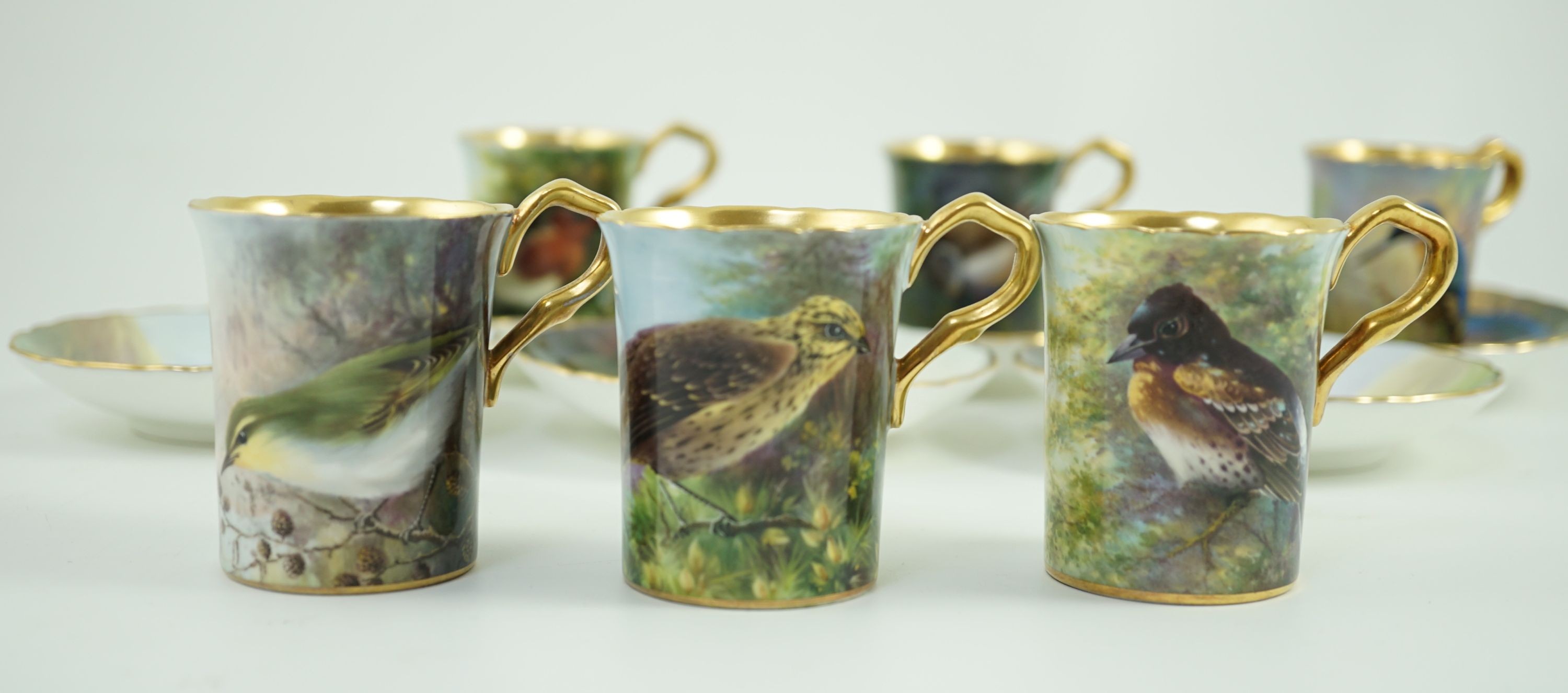 A set of six Paragon bird painted cabinet cups and saucers, 1950s, Saucers 11 cm diameter